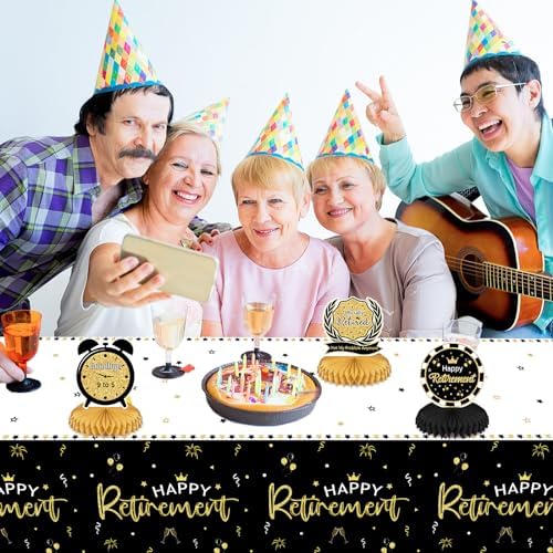 3 Pack Happy Retirement Tablecloth Black Gold 54x108 Inch