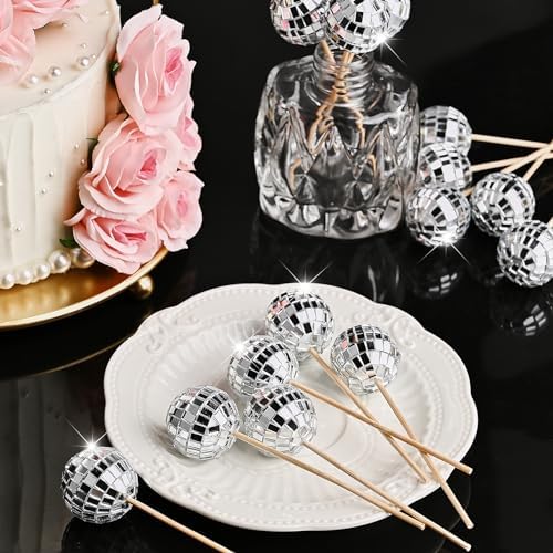 JOERSH 24pcs Disco Ball Cupcake Toppers Silver