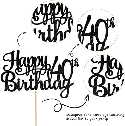 Happy 40th Birthday Cake Topper with Glitter Bamboo Stick
