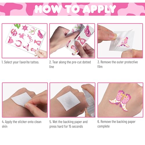 96 PCS Pink Disco Cowgirl Temporary Tattoos for Kids
