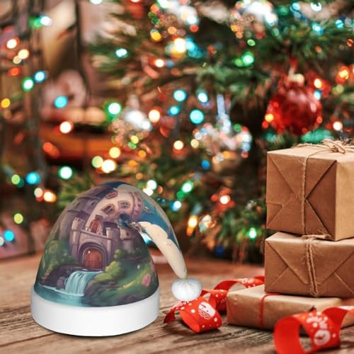 Cute Fairy Tale Castle Print Santa Hat Plush for Adults