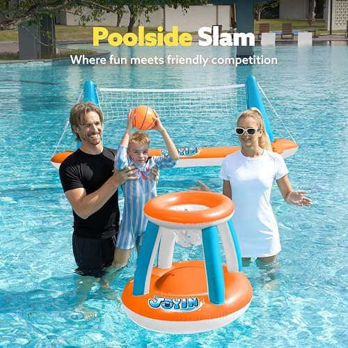 JOYIN Inflatable Pool Float Set with Volleyball Net and Basketball Hoops