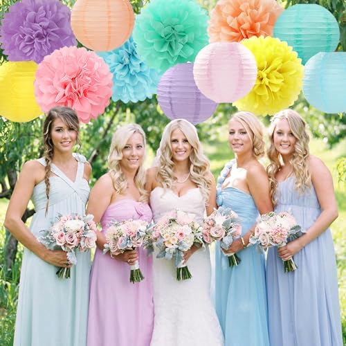 Pastel Rainbow Paper Flowers and Lanterns 15PCS Decor Set