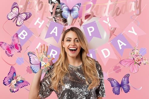Purple Pink Birthday Decorations Set for Women Girls