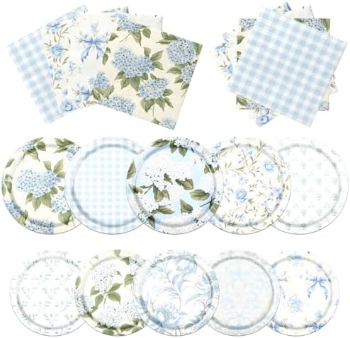 60Pcs Floral Plates and Napkins - Blue White Party Decorations