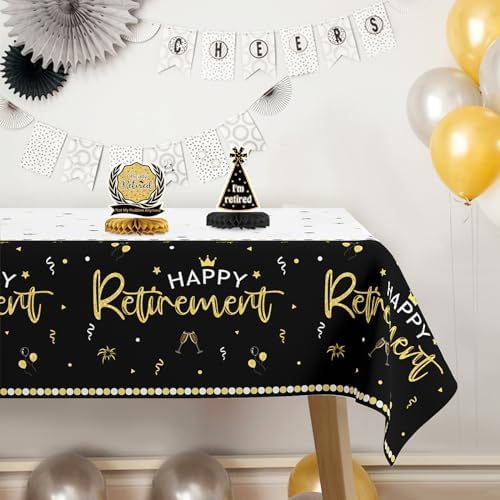3 Pack Happy Retirement Tablecloth Black Gold 54x108 Inch