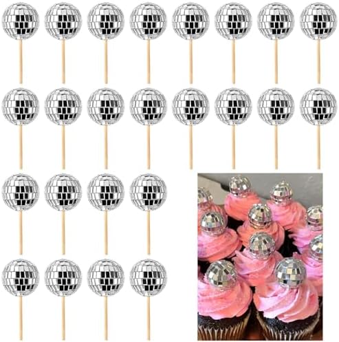 JOERSH 24pcs Disco Ball Cupcake Toppers Silver