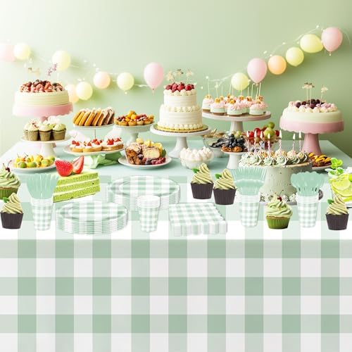 Sage Green Gingham Tablecloth 3 Pack for Birthday and Baby Shower