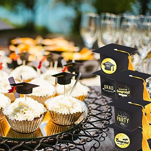 BESSEEK 30Pcs Black Graduation Cap Candy Boxes with Yellow Tassel