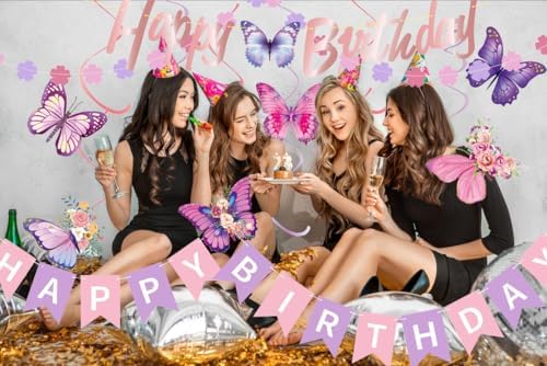 Purple Pink Birthday Decorations Set for Women Girls