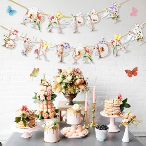 Flower Butterfly Happy Birthday Banner for 1st to 70th Birthday Party
