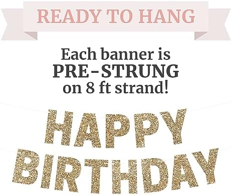Pre-Strung Gold Glitter Birthday Banner - No DIY