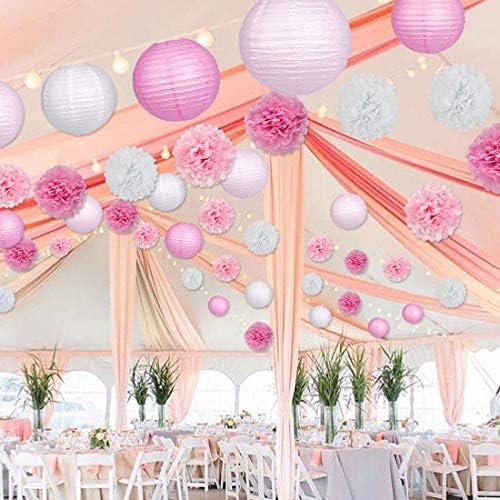15Pcs Pink White Party Pack Paper Lanterns and Pom Pom Balls