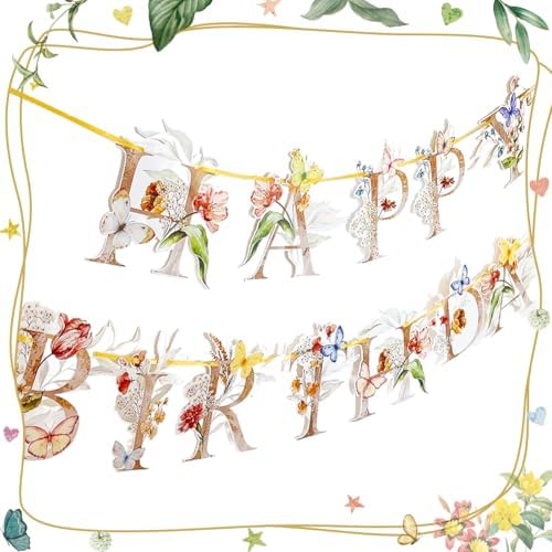 Flower Butterfly Happy Birthday Banner for 1st to 70th Birthday Party