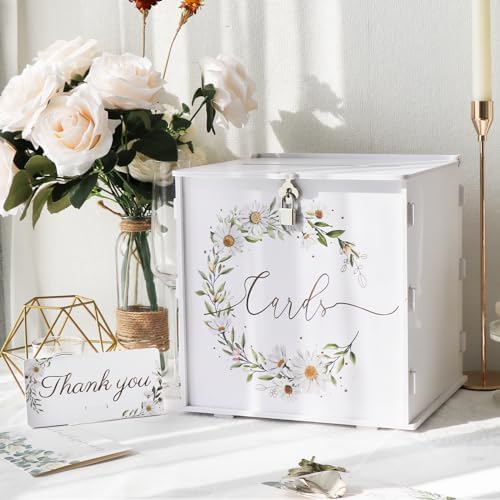 OurWarm White Daisy Wedding Card Box with Lock