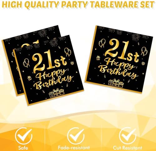 40 Pcs 21st Birthday Black Gold Tableware Set
