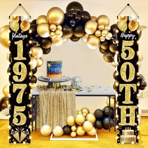 50th Birthday Black Gold Banner with LED Light