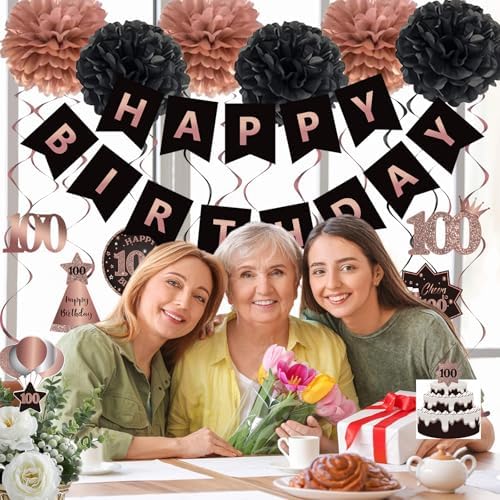 BRT Bearingshui 100th Birthday Streamers Decoration Set Rose Gold Black