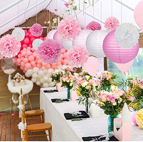 15Pcs Pink White Party Pack Paper Lanterns and Pom Pom Balls