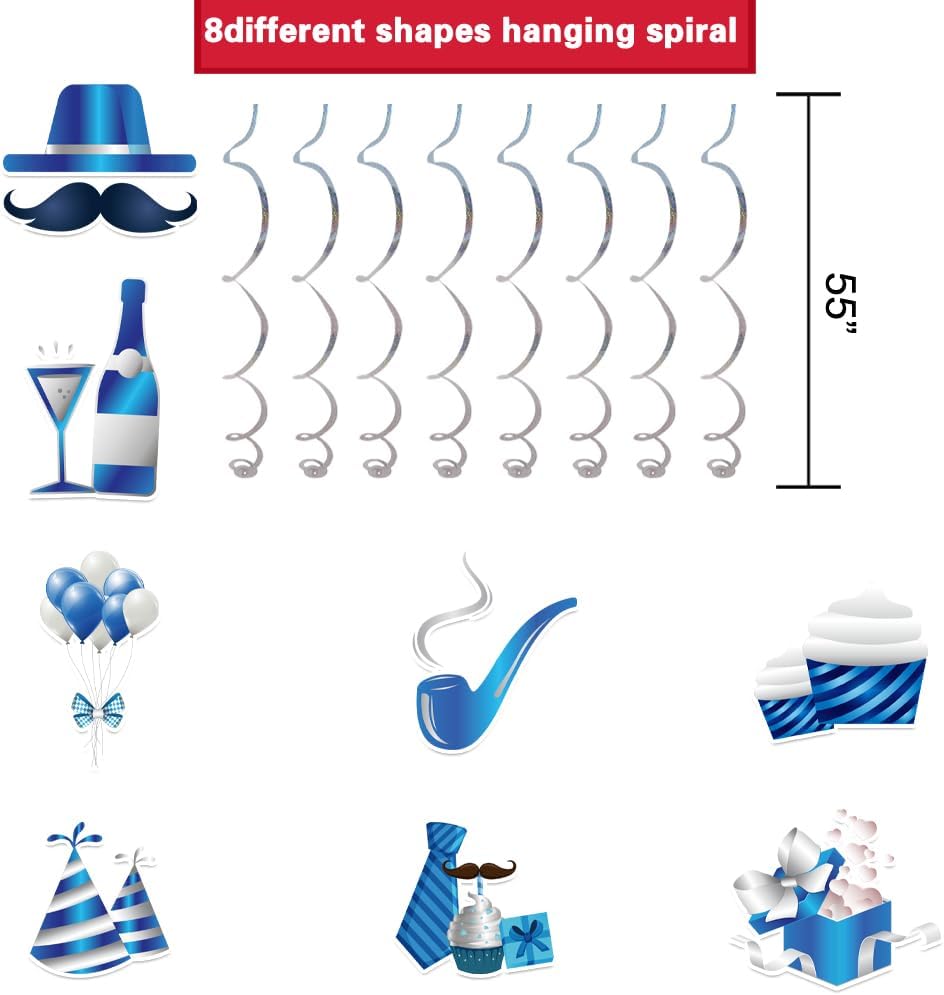 Silver Blue Birthday Decorations 8PCS Hanging Streamers Banner Set