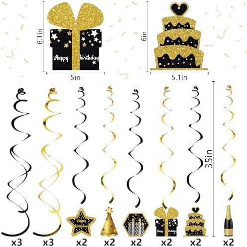 Gold and Black Birthday Ceiling Streamers 18Pcs
