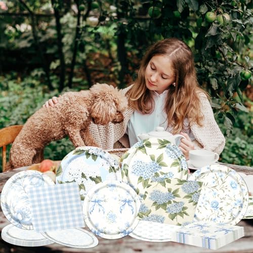 60Pcs Floral Plates and Napkins - Blue White Party Decorations