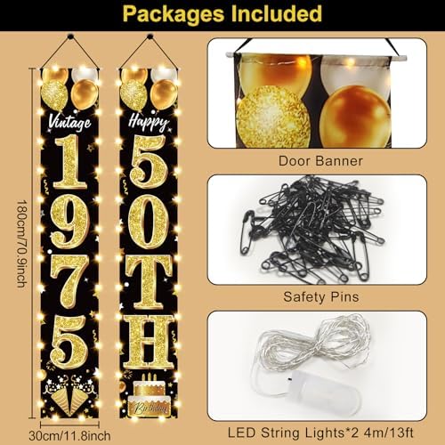 50th Birthday Black Gold Banner with LED Light