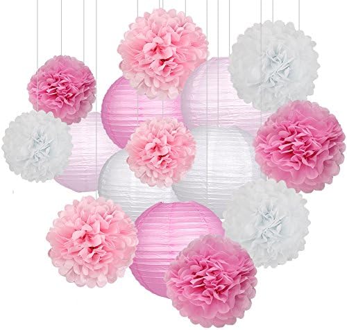 15Pcs Pink White Party Pack Paper Lanterns and Pom Pom Balls