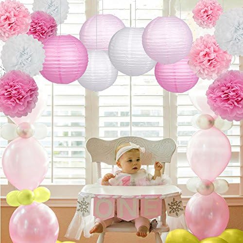 15Pcs Pink White Party Pack Paper Lanterns and Pom Pom Balls