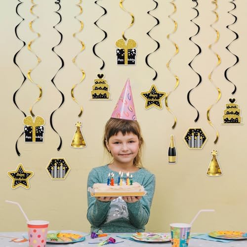 Gold and Black Birthday Ceiling Streamers 18Pcs