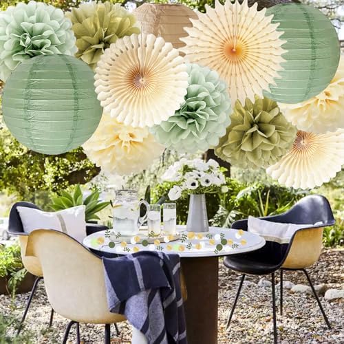 Sage Green Party Decorations Set with Pom Poms and Lanterns