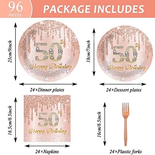96 Piece 50th Birthday Tableware Set Pink Rose Gold