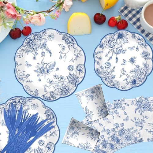 144Pcs Blue Floral Plates and Napkins Set