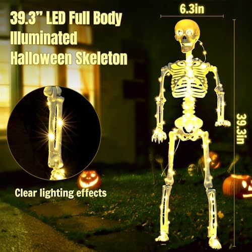 HBSTK 2 Pack 40 Inches Halloween Skeleton Prop with LED Lights