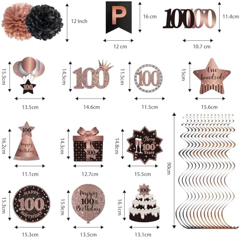 BRT Bearingshui 100th Birthday Streamers Decoration Set Rose Gold Black