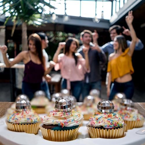 JOERSH 24pcs Disco Ball Cupcake Toppers Silver