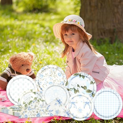 60Pcs Floral Plates and Napkins - Blue White Party Decorations