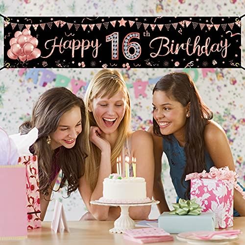 Happy 16th Birthday Banner Decorations Rose Gold