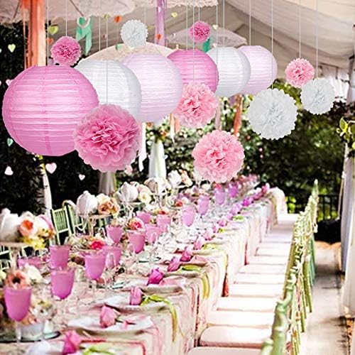 15Pcs Pink White Party Pack Paper Lanterns and Pom Pom Balls