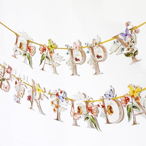 Flower Butterfly Happy Birthday Banner for 1st to 70th Birthday Party