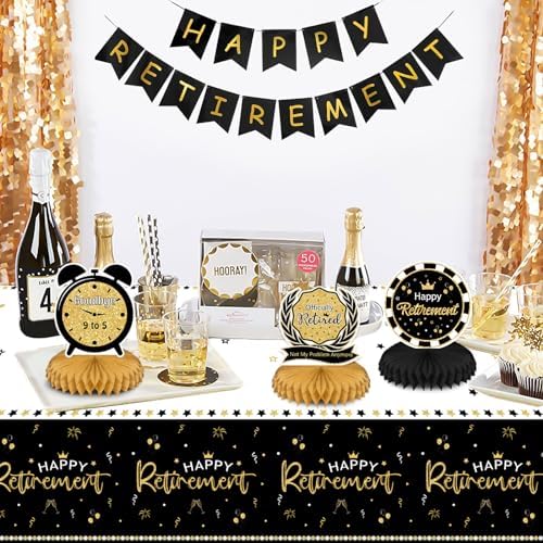 3 Pack Happy Retirement Tablecloth Black Gold 54x108 Inch