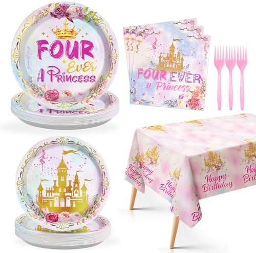 98 Pcs Princess Birthday Party Set Plates Napkins Tableware for 24 Guests