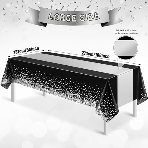 3Pcs Black and Silver Tablecloth Party Decorations