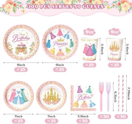 300 Pcs Princess Paper Plates Napkins Set