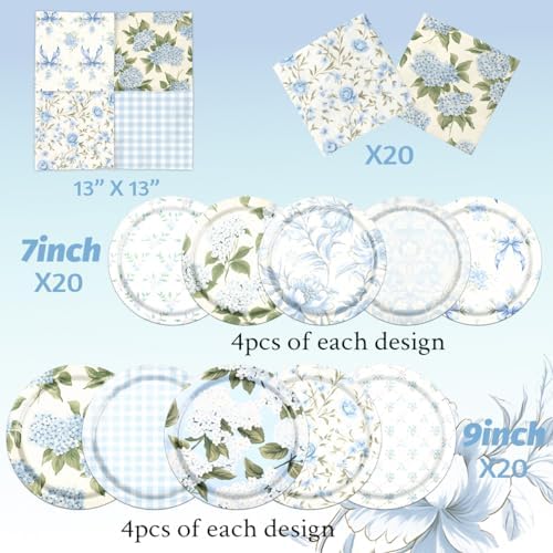 60Pcs Floral Plates and Napkins - Blue White Party Decorations
