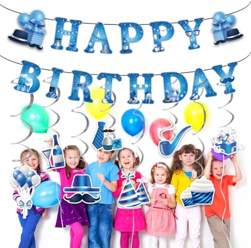 Silver Blue Birthday Decorations 8PCS Hanging Streamers Banner Set
