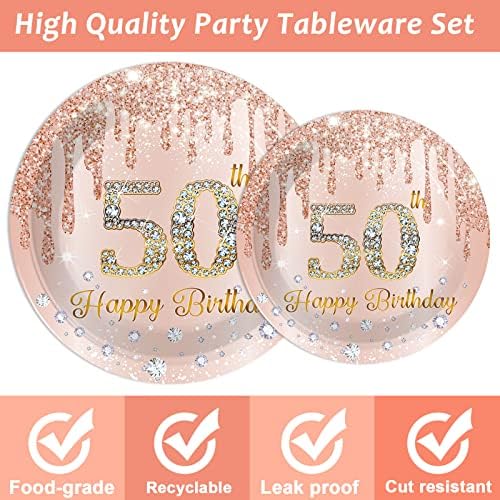 96 Piece 50th Birthday Tableware Set Pink Rose Gold