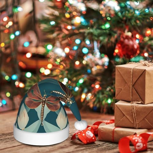 Dragonfly and Lotus Print Christmas Santa Hat for Adult