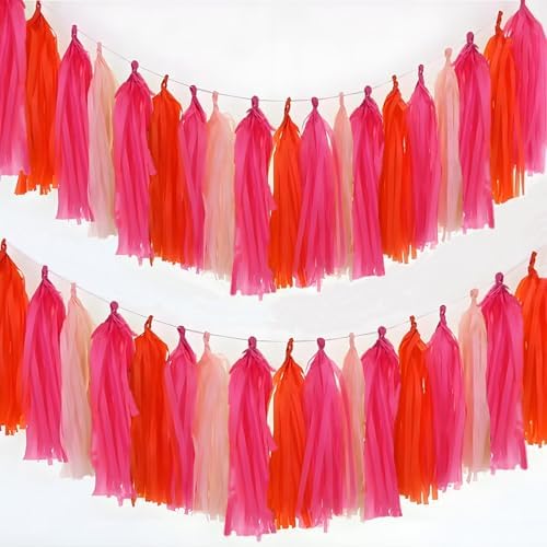 Orange and Pink Rose Red Paper Tassels Garland Banner 30PCS
