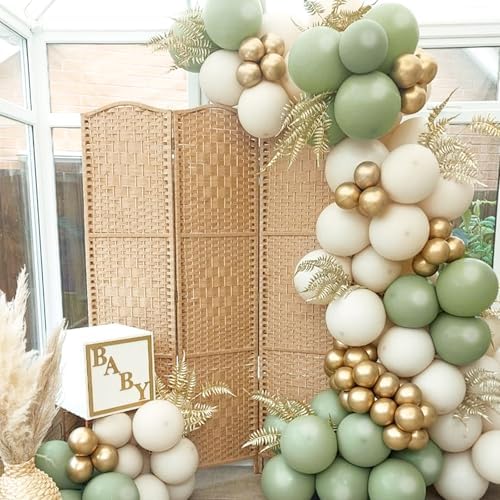 RUBFAC 65 Pcs 12 Inch Green Gold Confetti Balloons Kit with Ribbons